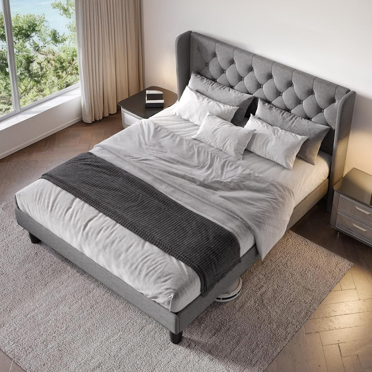Upholstered Platform Bed with Tufted Wingback Headboard