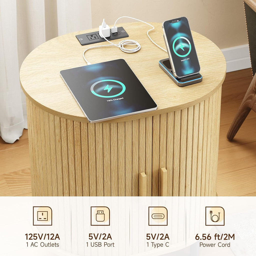 Side Table Nightstand with Charging Station