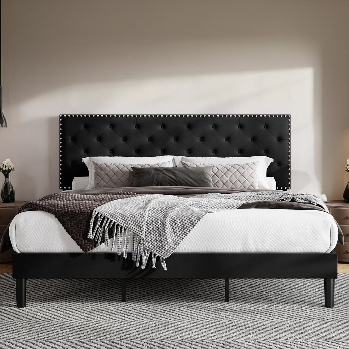 Velvet Upholstered Bed Frame, Button Tufted Headboard