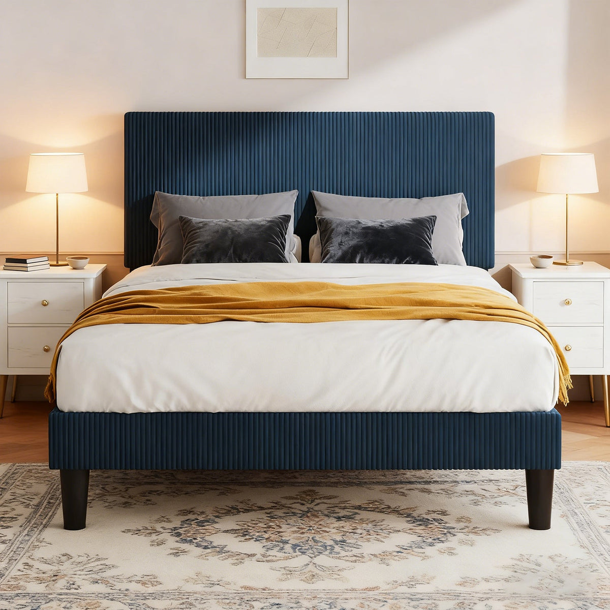 Corduroy Upholstered Platform Bed with Tufted Headboard