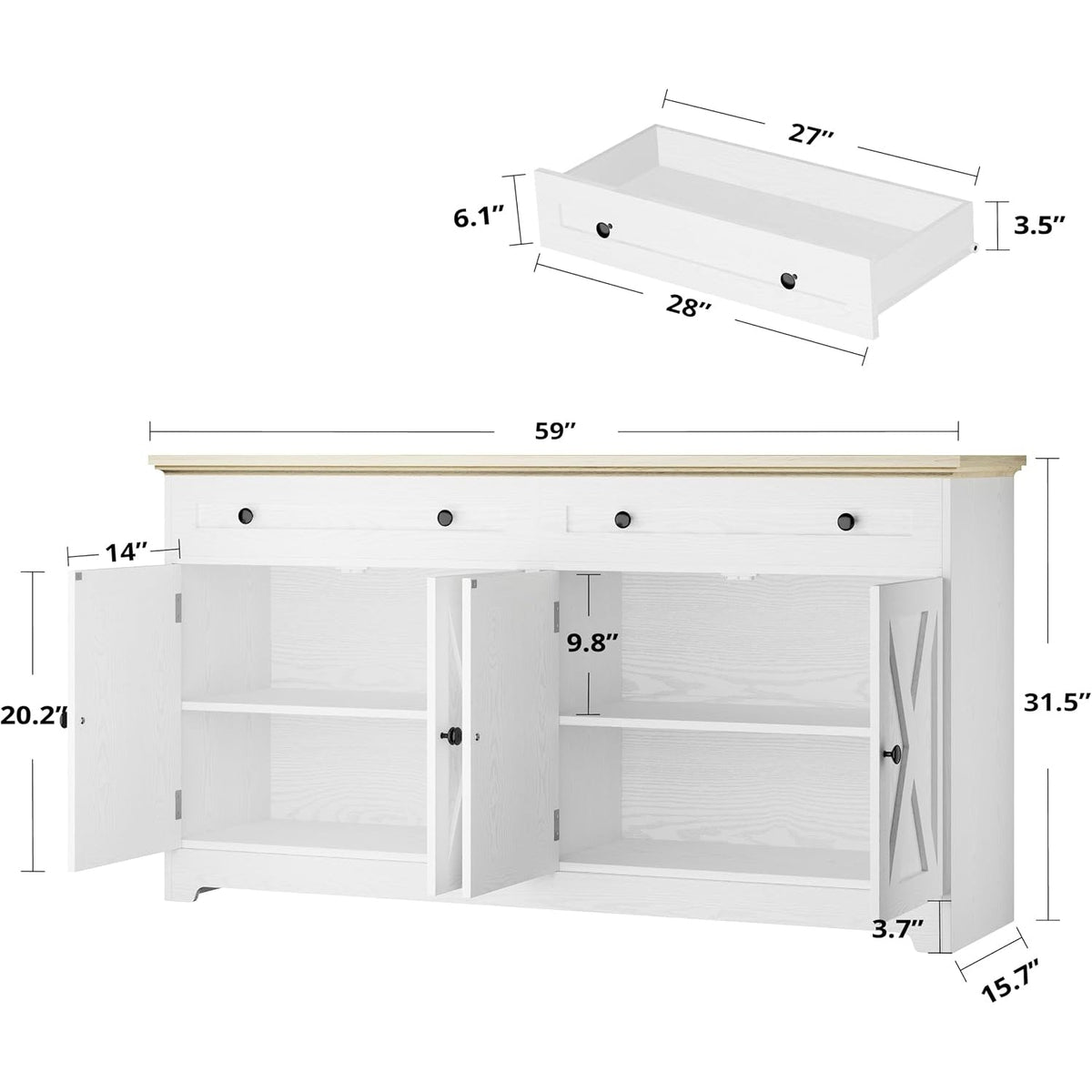 59 Inch Buffet Cabinet with 4 Doors and 2 Drawers