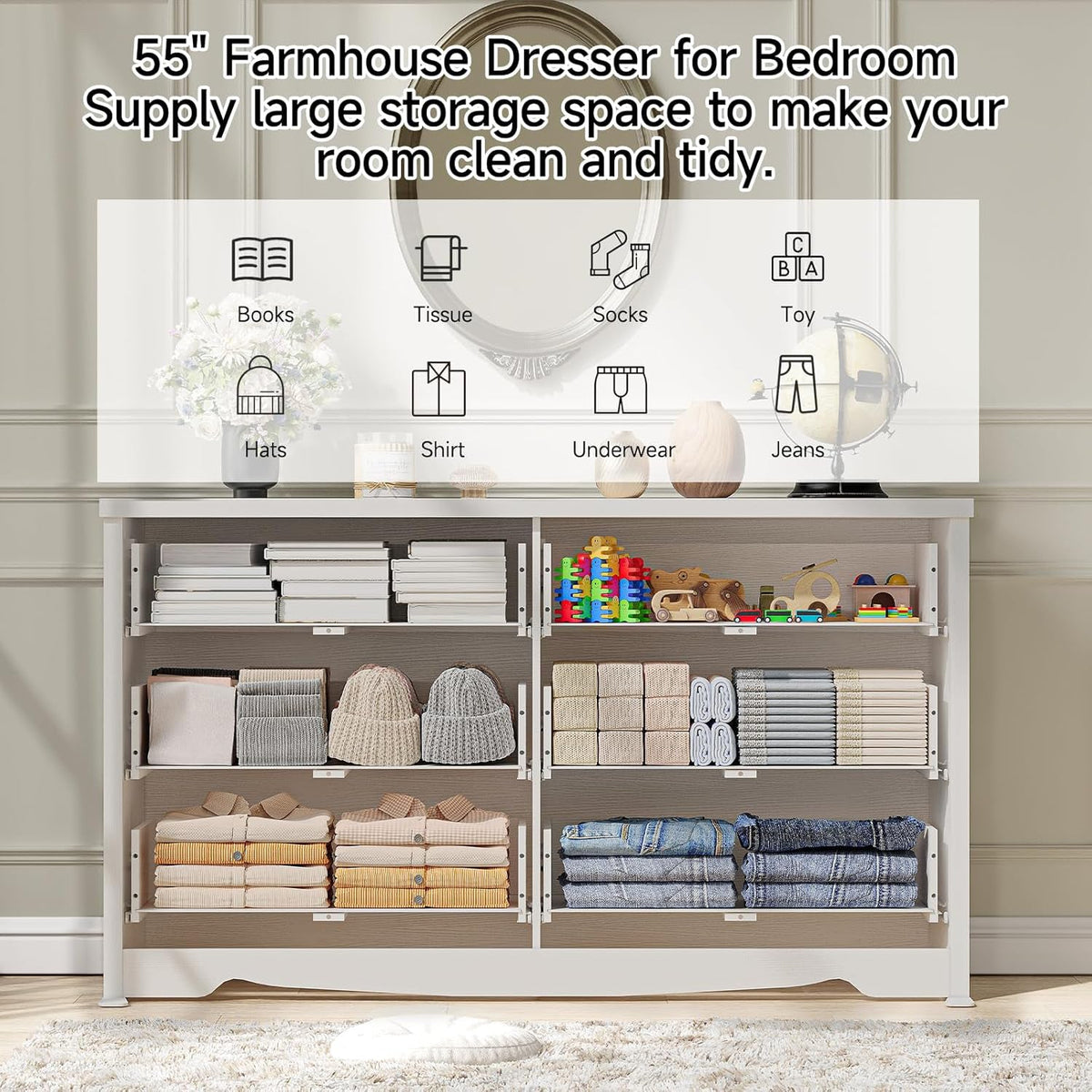 55 Inch 6-Drawer Dresser with Metal Handles