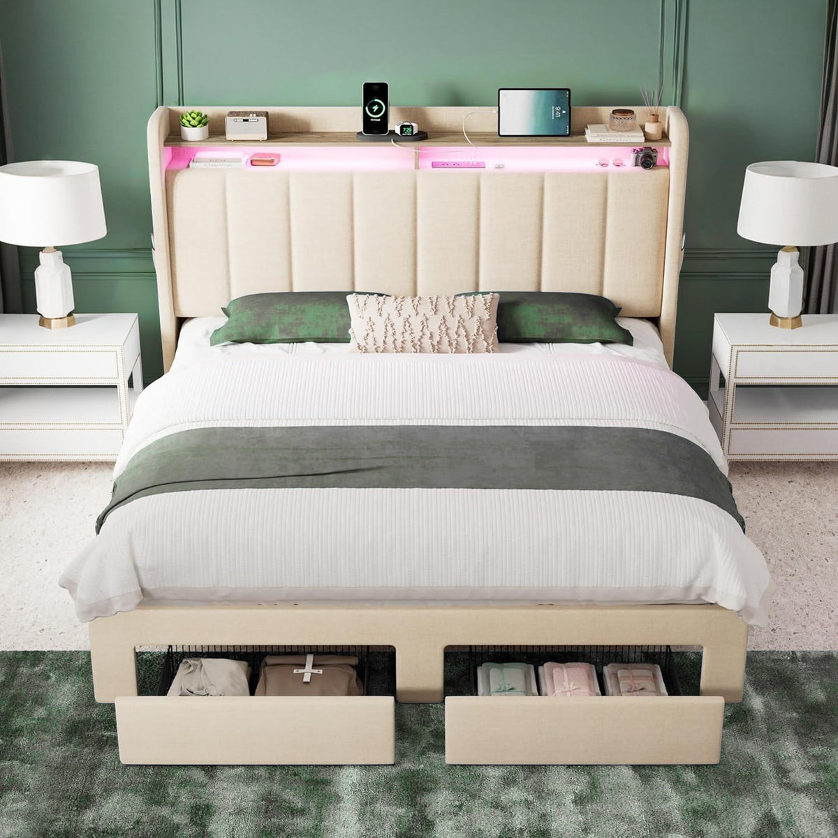 Tufted Linen Platform Bed with LED Headboard, 2 Drawers