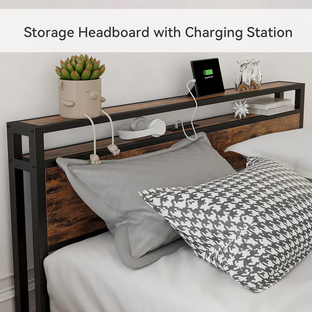 Storage Headboard Bed Frame with Charging Station