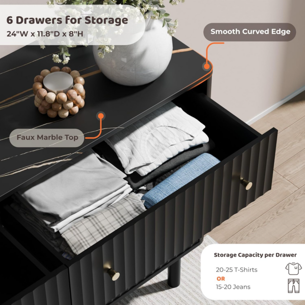 6-Drawer 54-Inch Fluted Dresser with Faux Marble Top