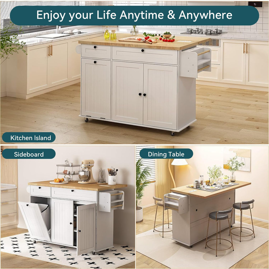 Kitchen Island Cart with Trash Can Storage on Wheels