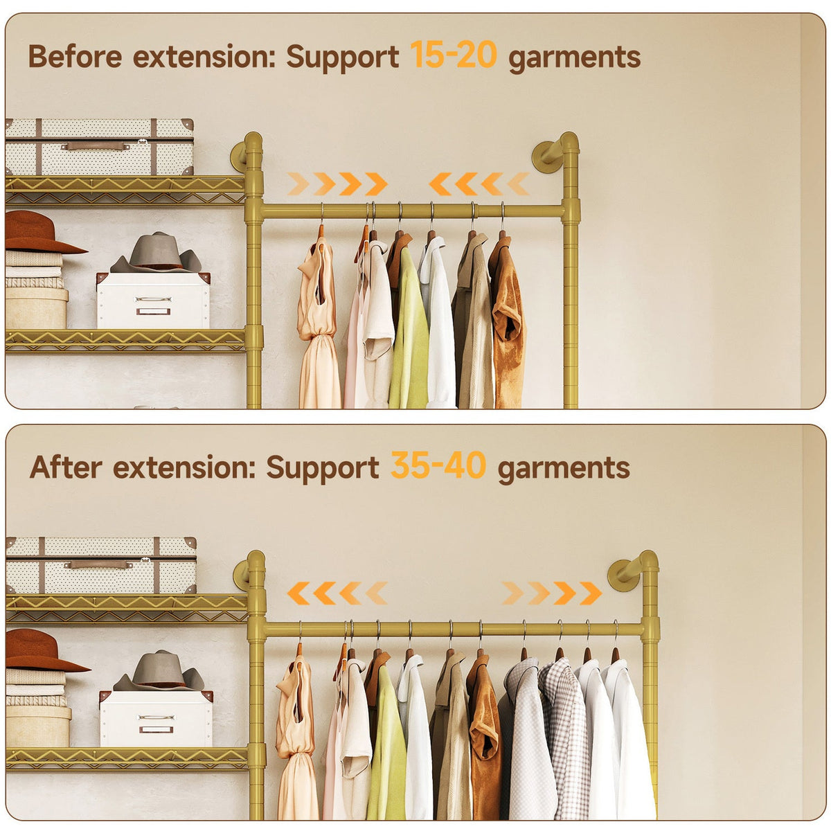 Wall Mounted Closet System with 4 Rods and 8 Shelves