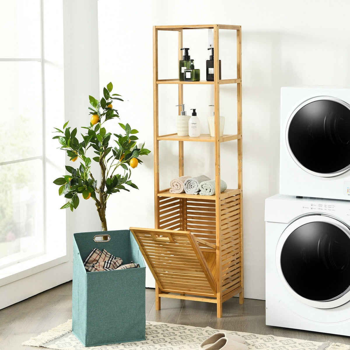 Bamboo Tower Hamper with 3-Tier Storage Shelves