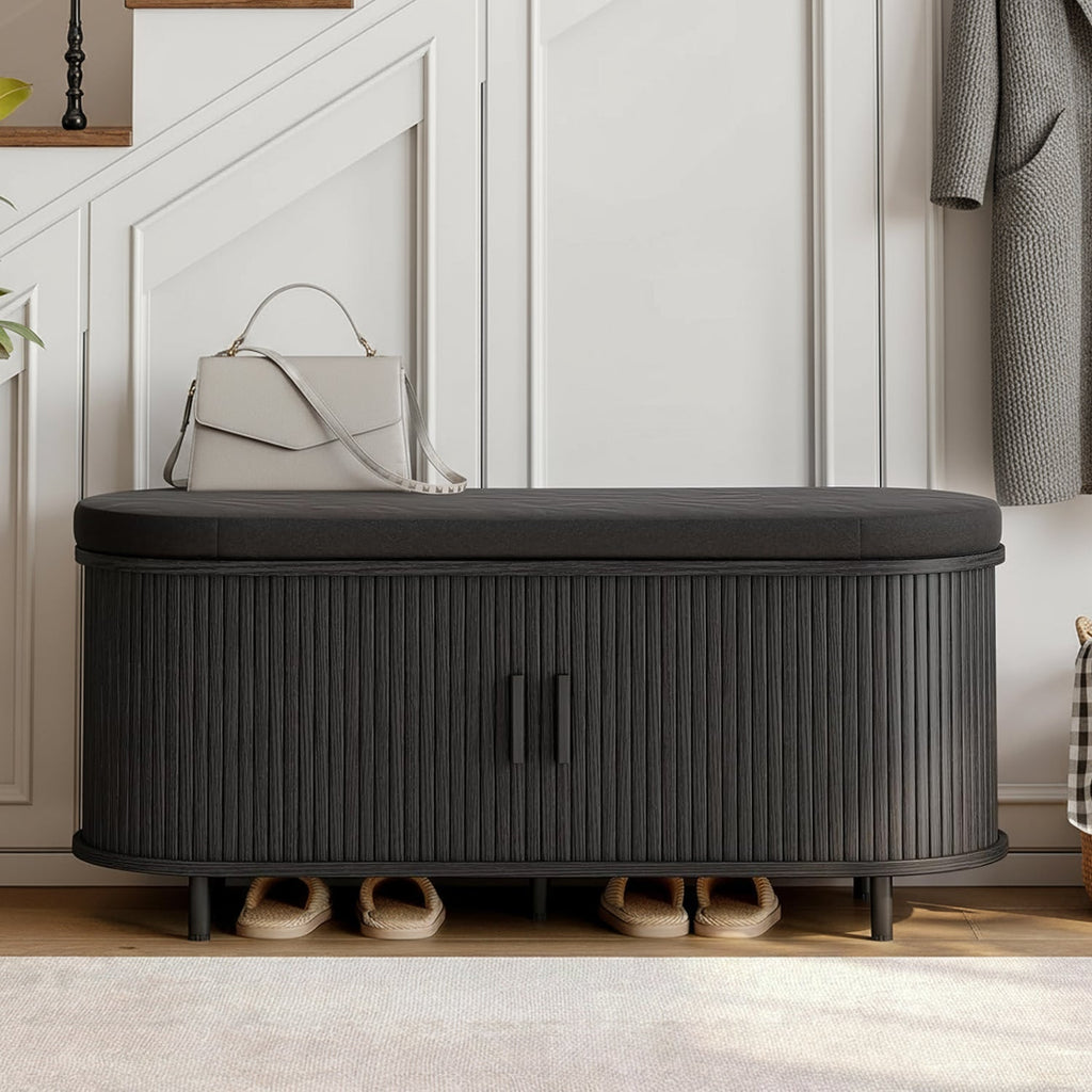 43-Inch Shoe Storage Bench with Cushion and Sliding Door