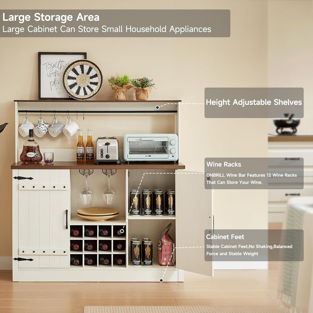 58" Bar Cabinet with 12 Wine Racks and Adjustable Shelves