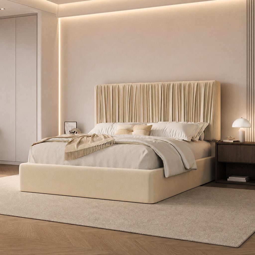 Velvet Floor Platform Bed with Pleated Headboard