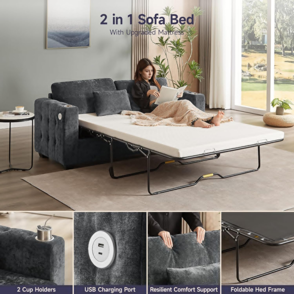 76-Inch Full Size Pull-Out Sofa Bed with USB Port
