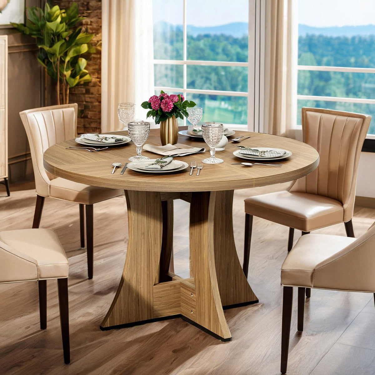47 Inch Round Wooden Dining Table, Modern Kitchen Table