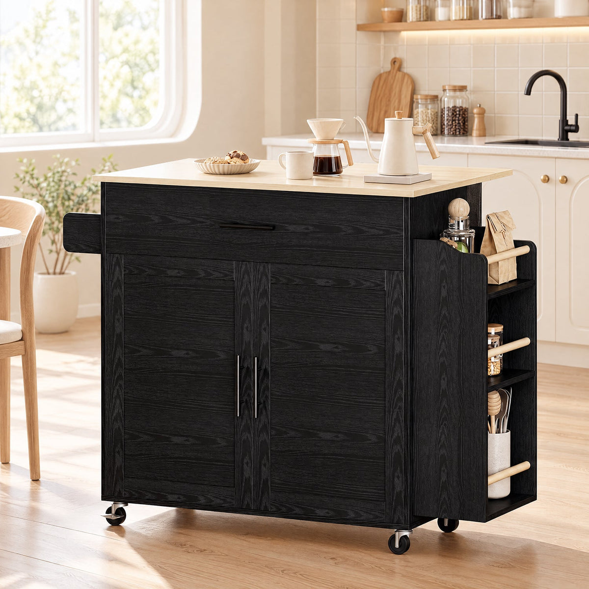 Rolling Kitchen Island with Drop Leaf and Outlet