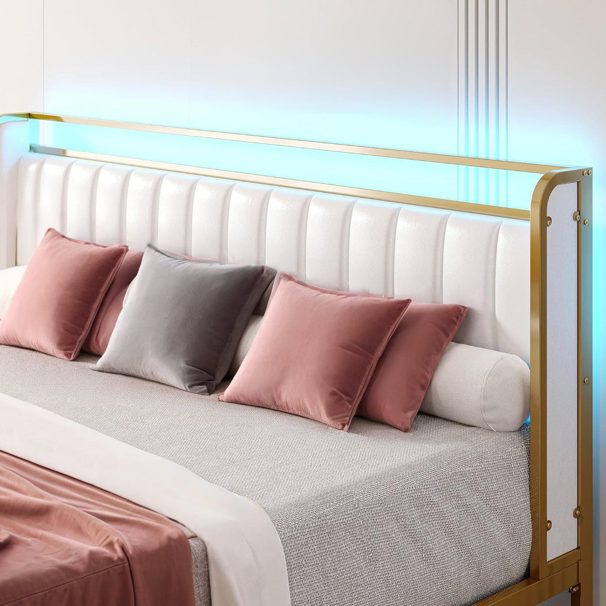 Upholstered Bed Frame with RGB Light and Drawers