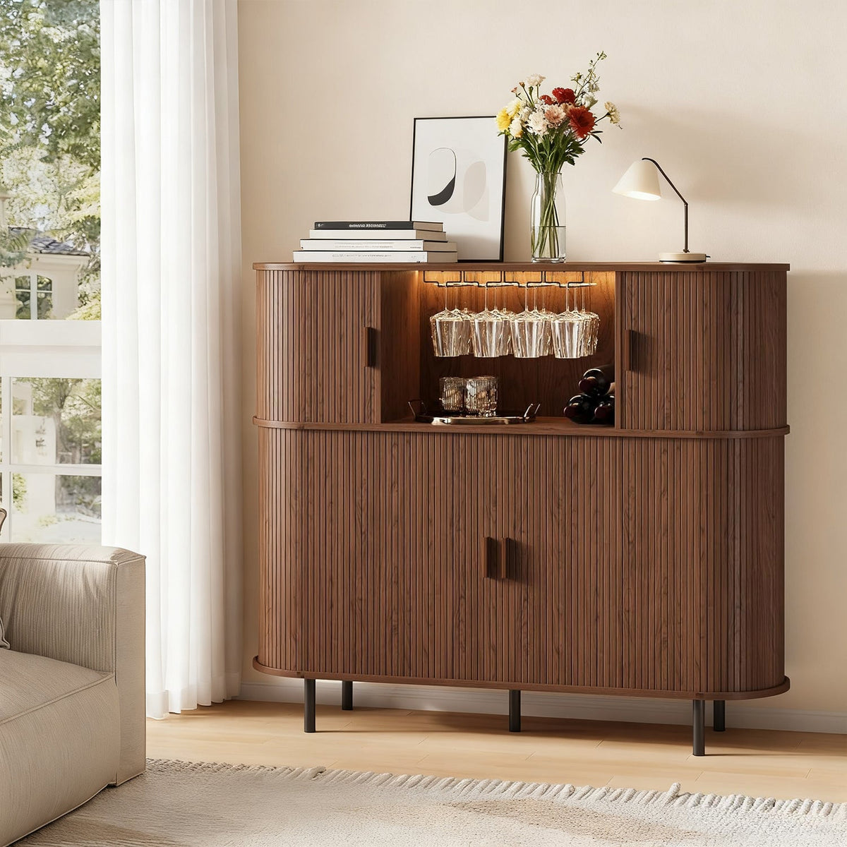 Wine Bar Cabinet with LED Lights and Charging Station