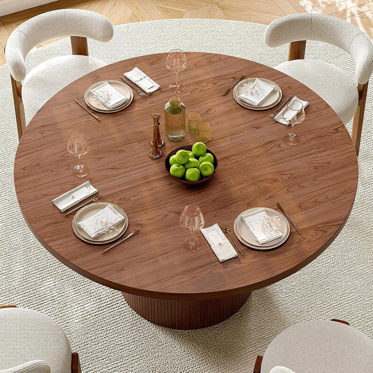 47 in Round Fluted Dining Table with Wood Strip Base