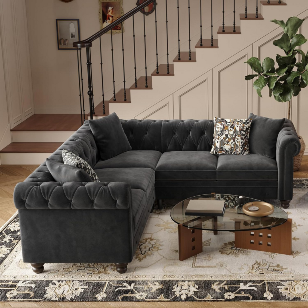 Velvet Chesterfield L-Shaped Sectional, 5 Seater