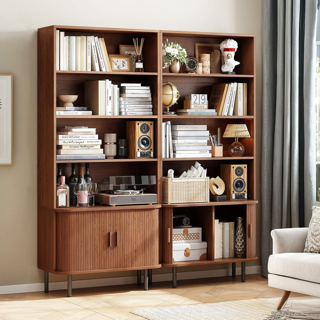 71 Inch 4-Tier Tall Bookcase with Sliding Door Cabinet