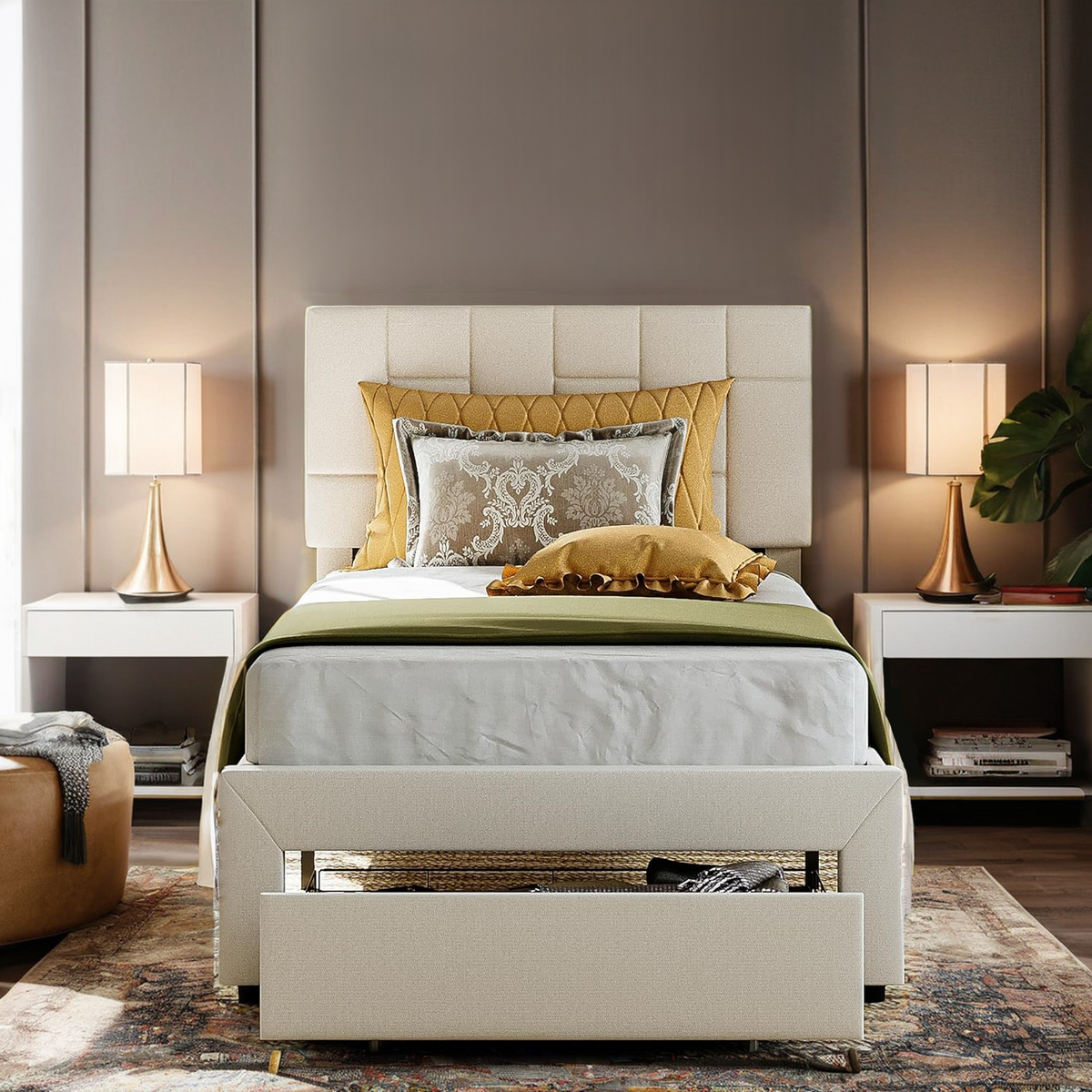 Twin Upholstered Platform Bed with Under-Bed Drawer