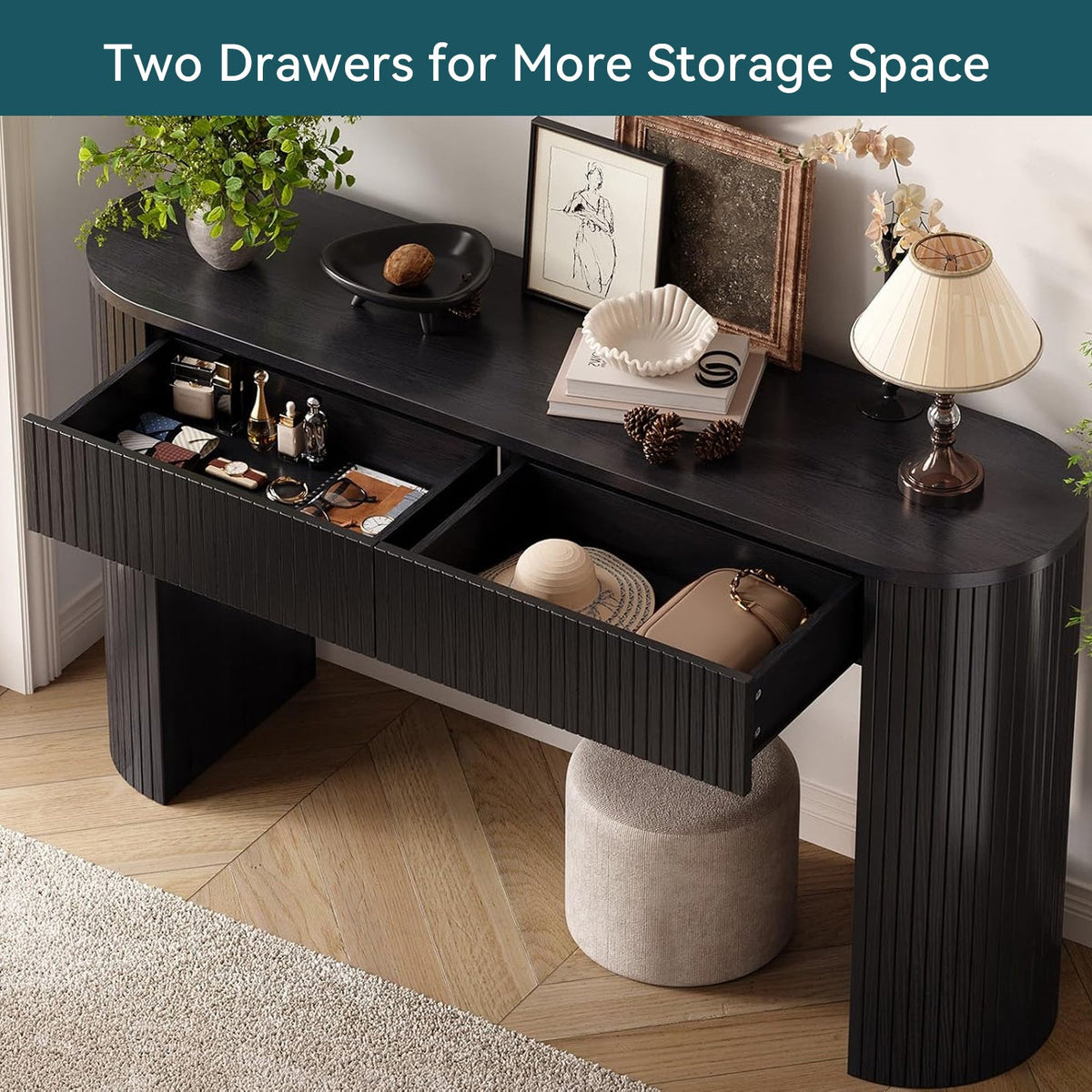 55-Inch Fluted Oval Console Table with 2 Drawers