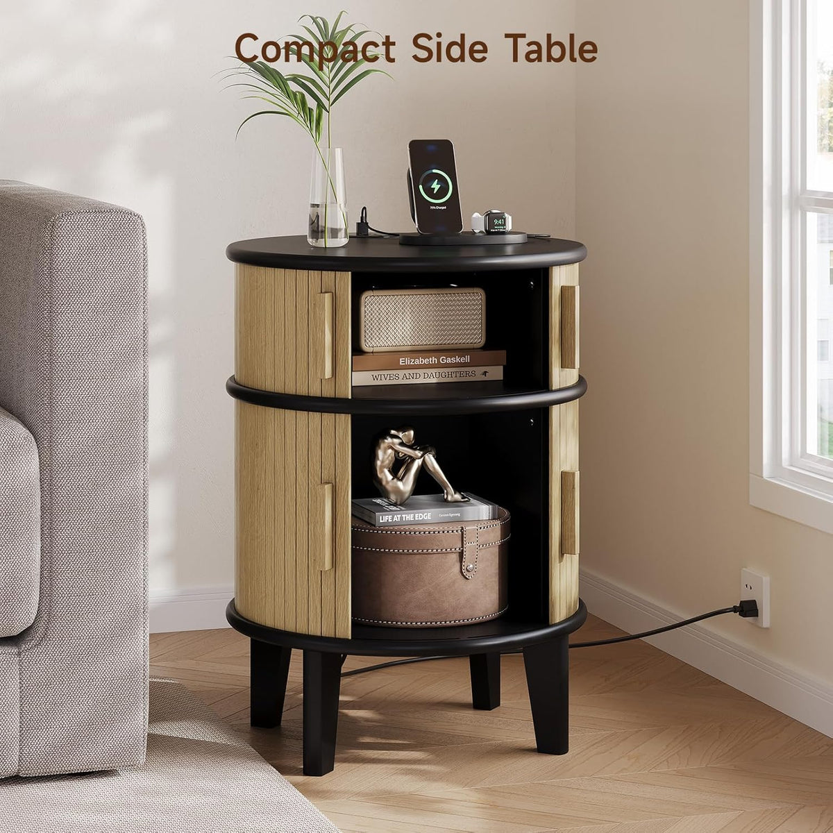 Round End Table Nightstand with Charging Station