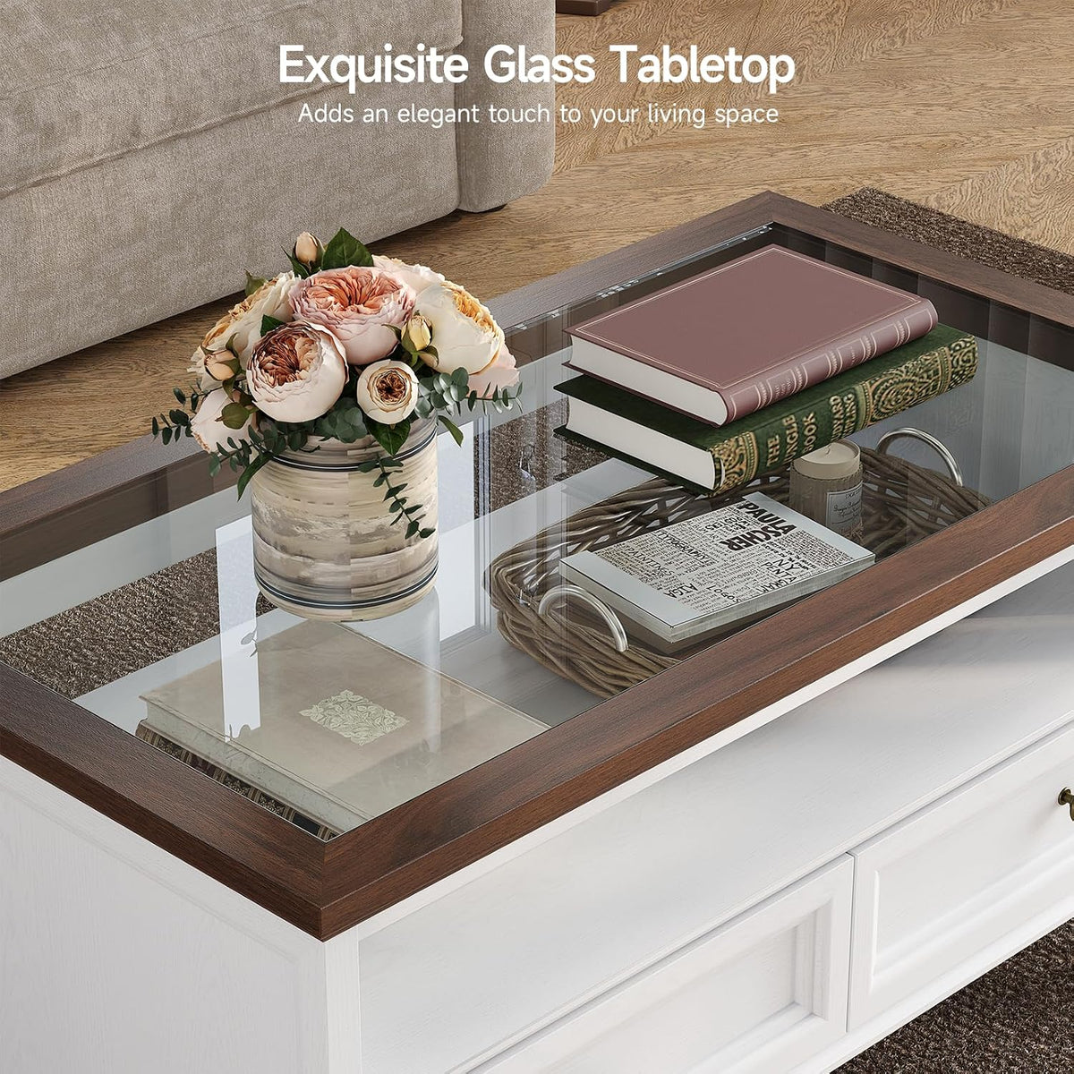 39.4 Inch Farmhouse Coffee Table with Glass Top