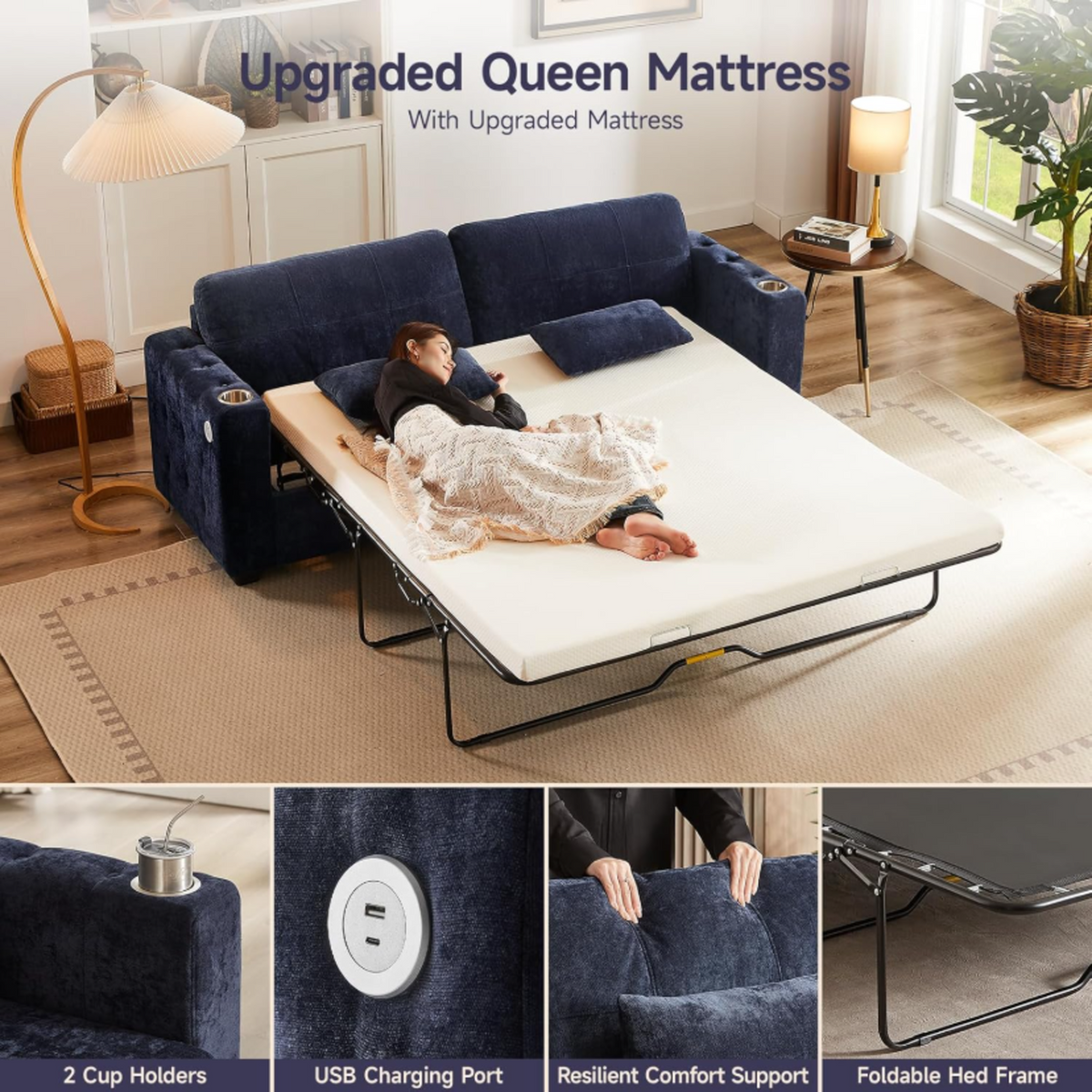 83-Inch Queen Pull-Out Sofa Bed with Memory Foam Mattress