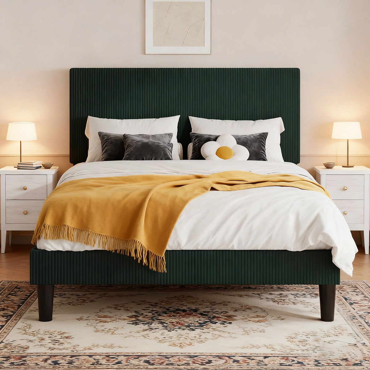 Corduroy Upholstered Platform Bed with Tufted Headboard