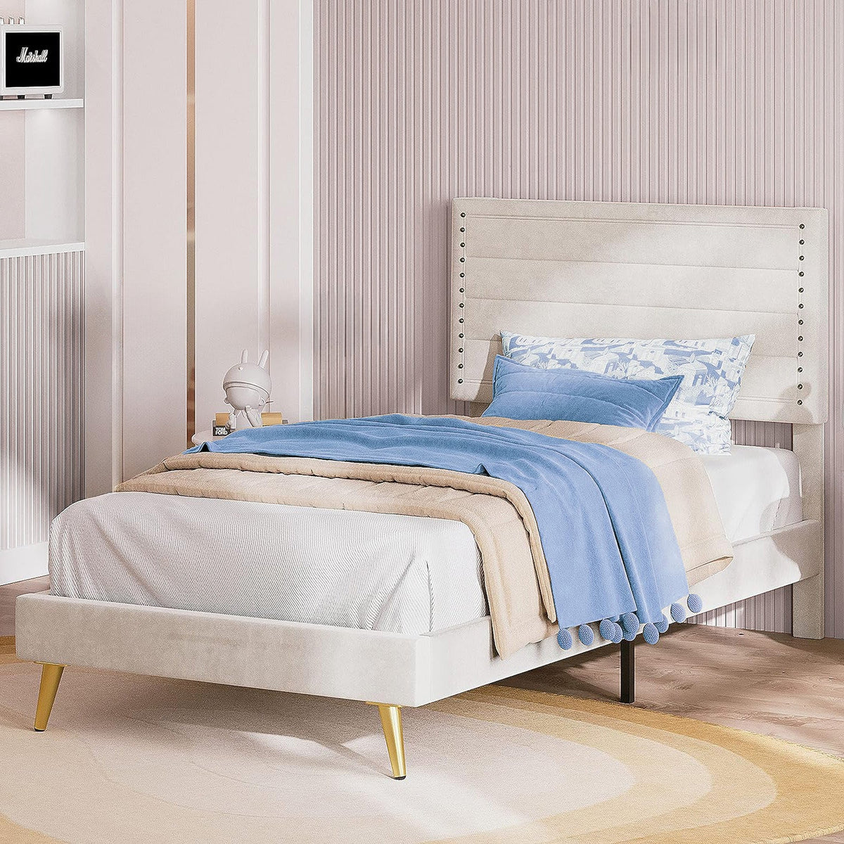 Twin Bed Frame with Upholstered Headboard, Beige