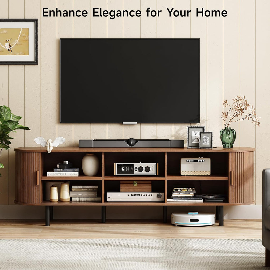70 Inch TV Stand with Sliding Doors and Power Outlet