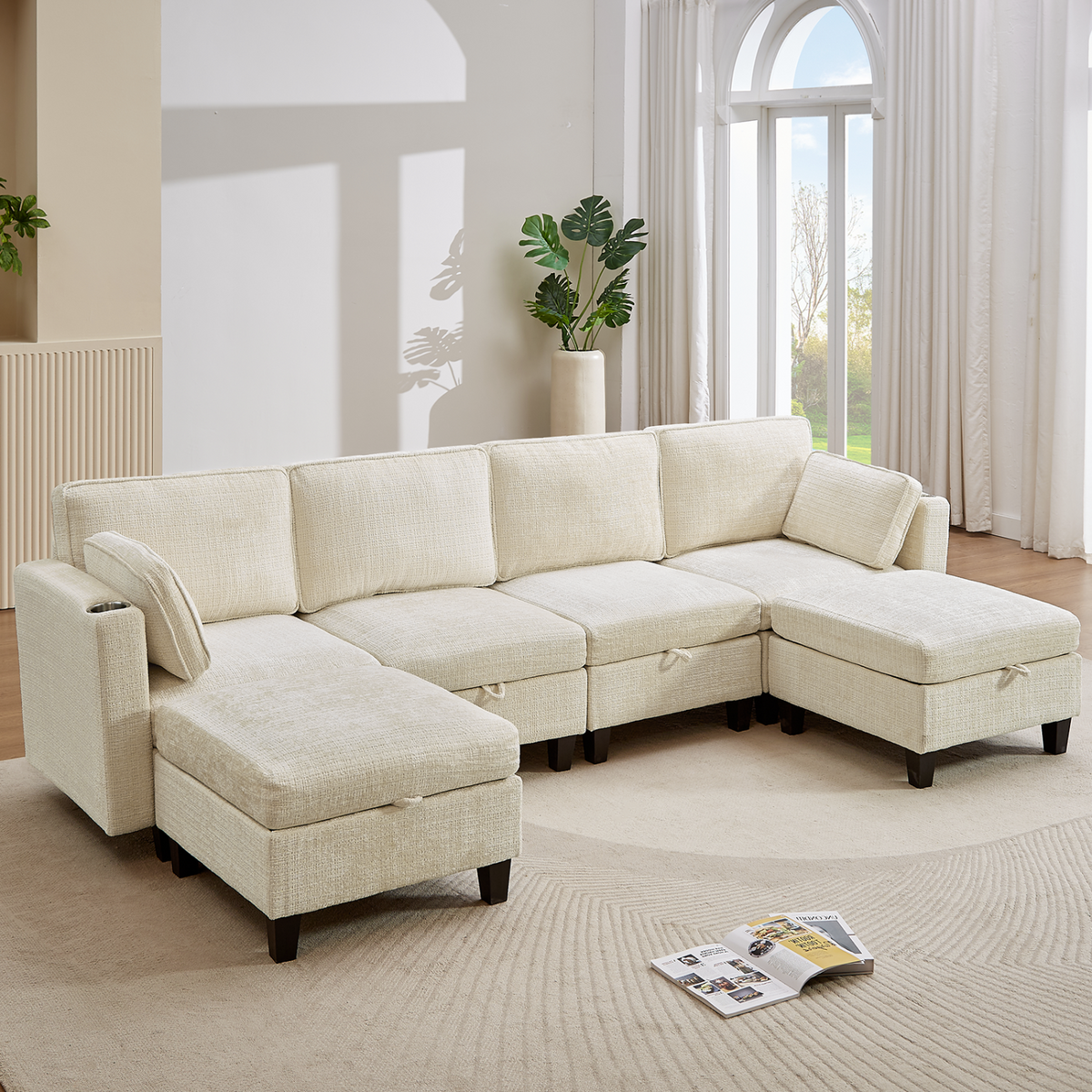 110 Inch U-Shaped Modular Chenille Sleeper Sectional