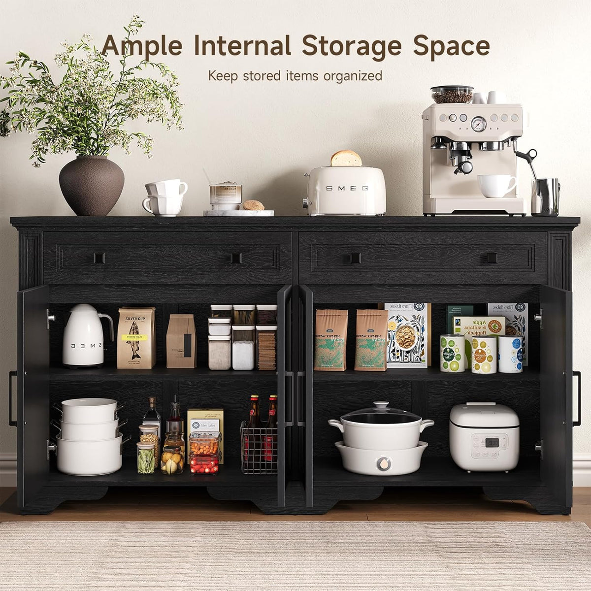 63 Inch Kitchen Sideboard Buffet with Drawers and Doors