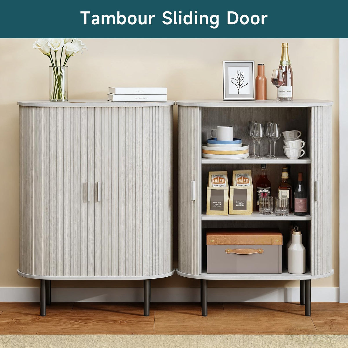 44" Modern High Sideboard Cabinet with Sliding Door