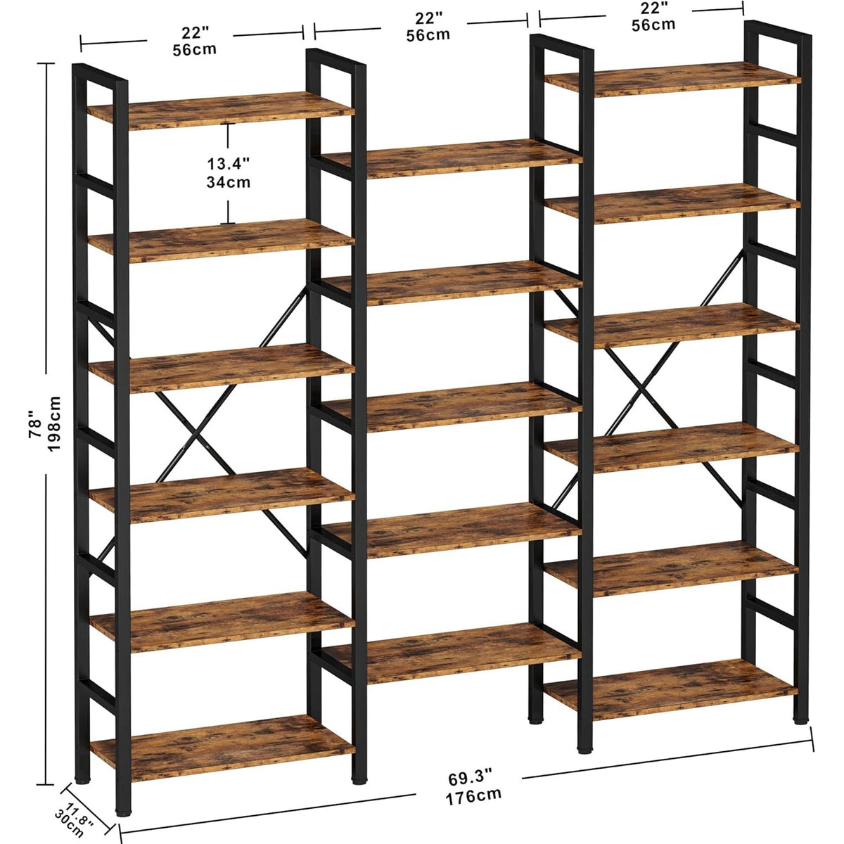 Triple Wide 6-Tier Industrial Bookshelf with Metal Frame