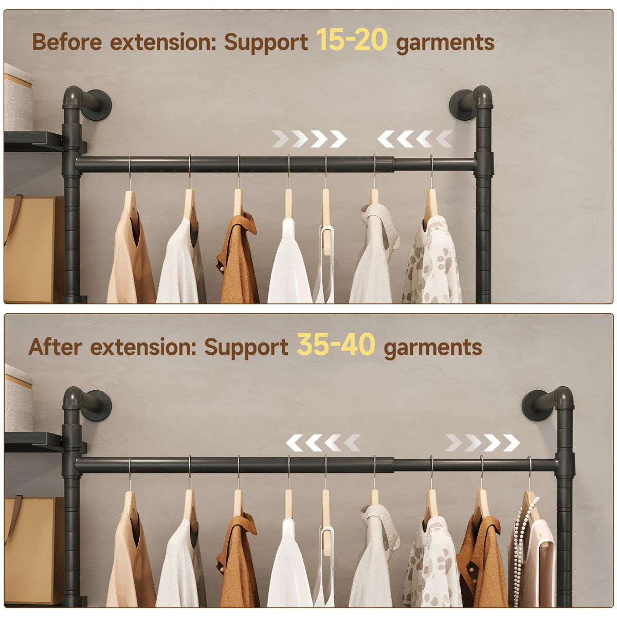 Wall Mounted Industrial Pipe Closet Organizer, 4 Rods