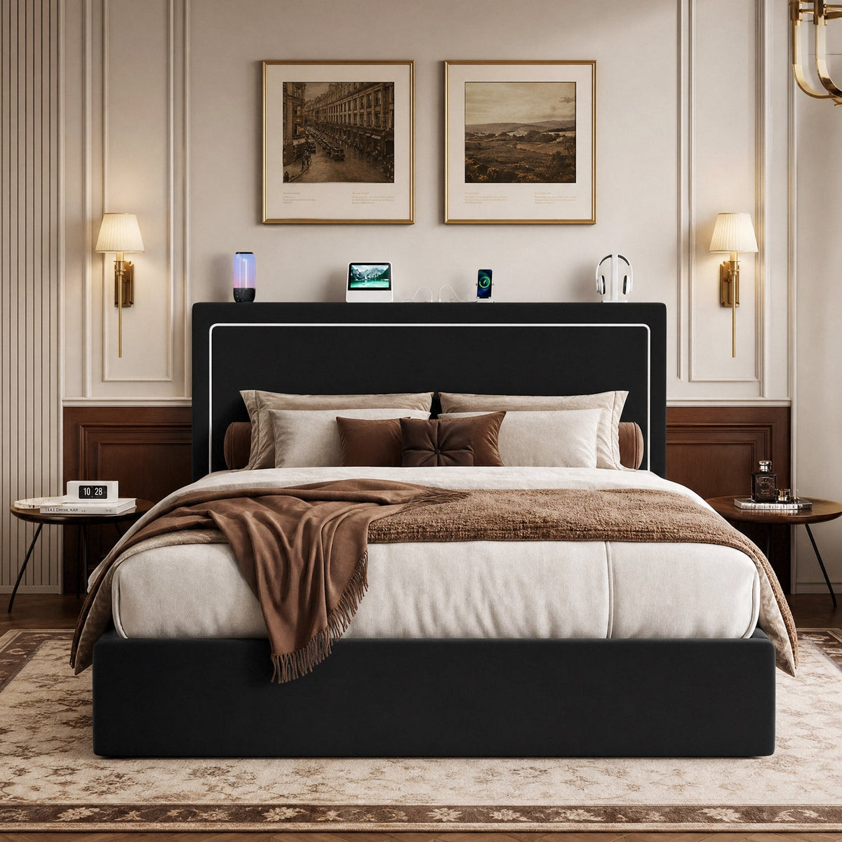 Lift Up Storage Bed with LED Lights and Charging Station