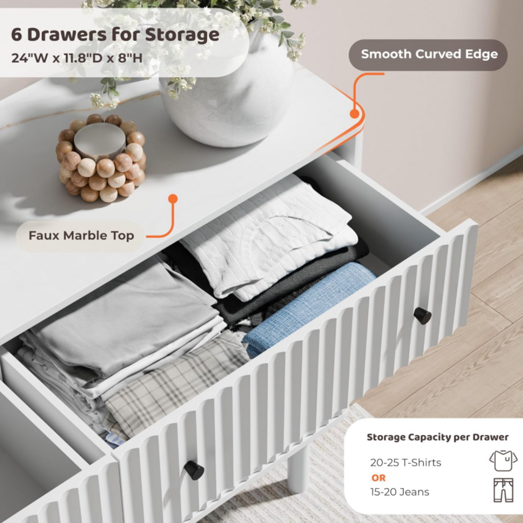 6-Drawer 54-Inch Fluted Dresser with Faux Marble Top