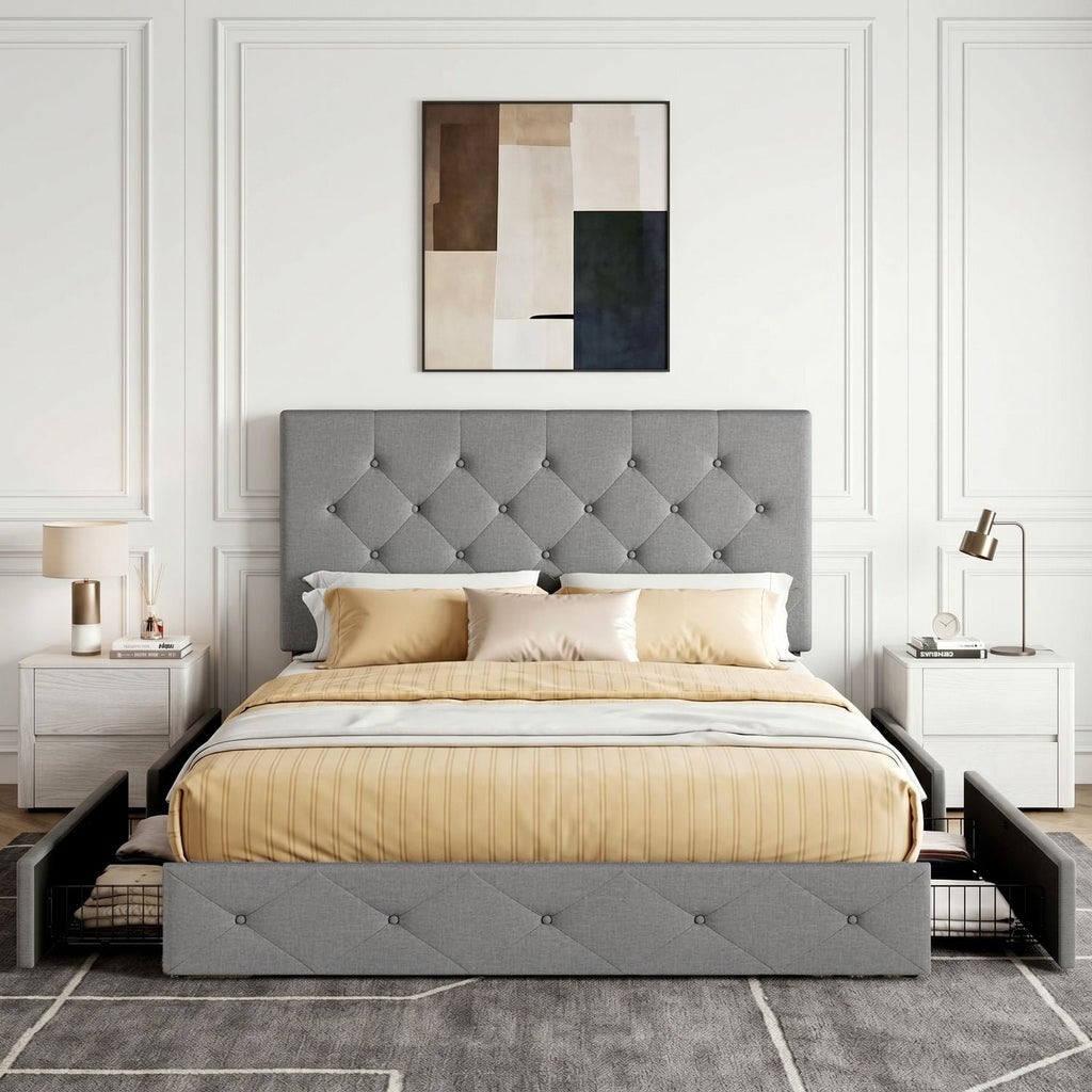 Upholstered Bed Frame with 4 Drawers and Headboard