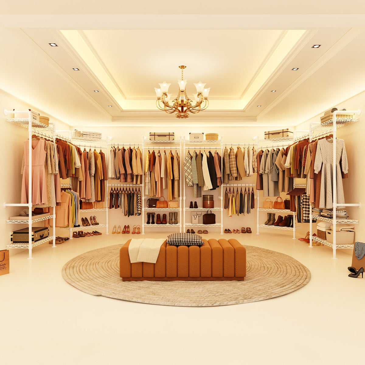 Wall Mounted Closet System with 4 Rods and 9 Shelves