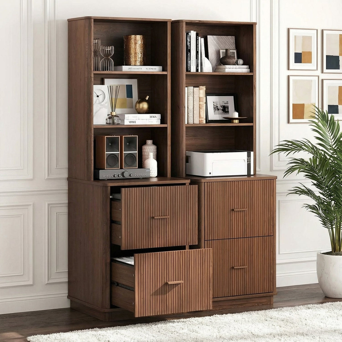 71 in Tall Fluted Bookcase with File Drawers