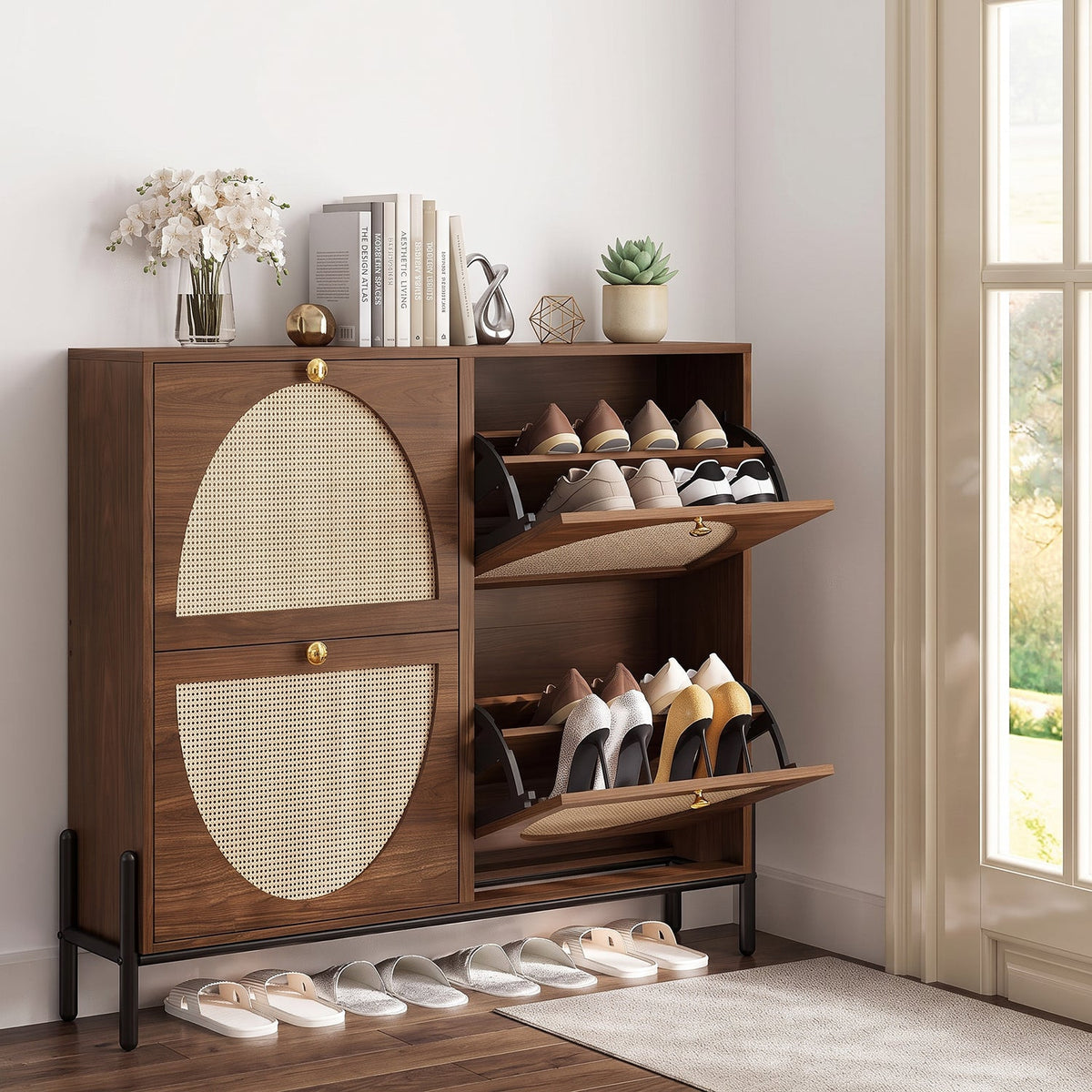 Shoe Storage Cabinet with 4 Rattan Flip Drawers