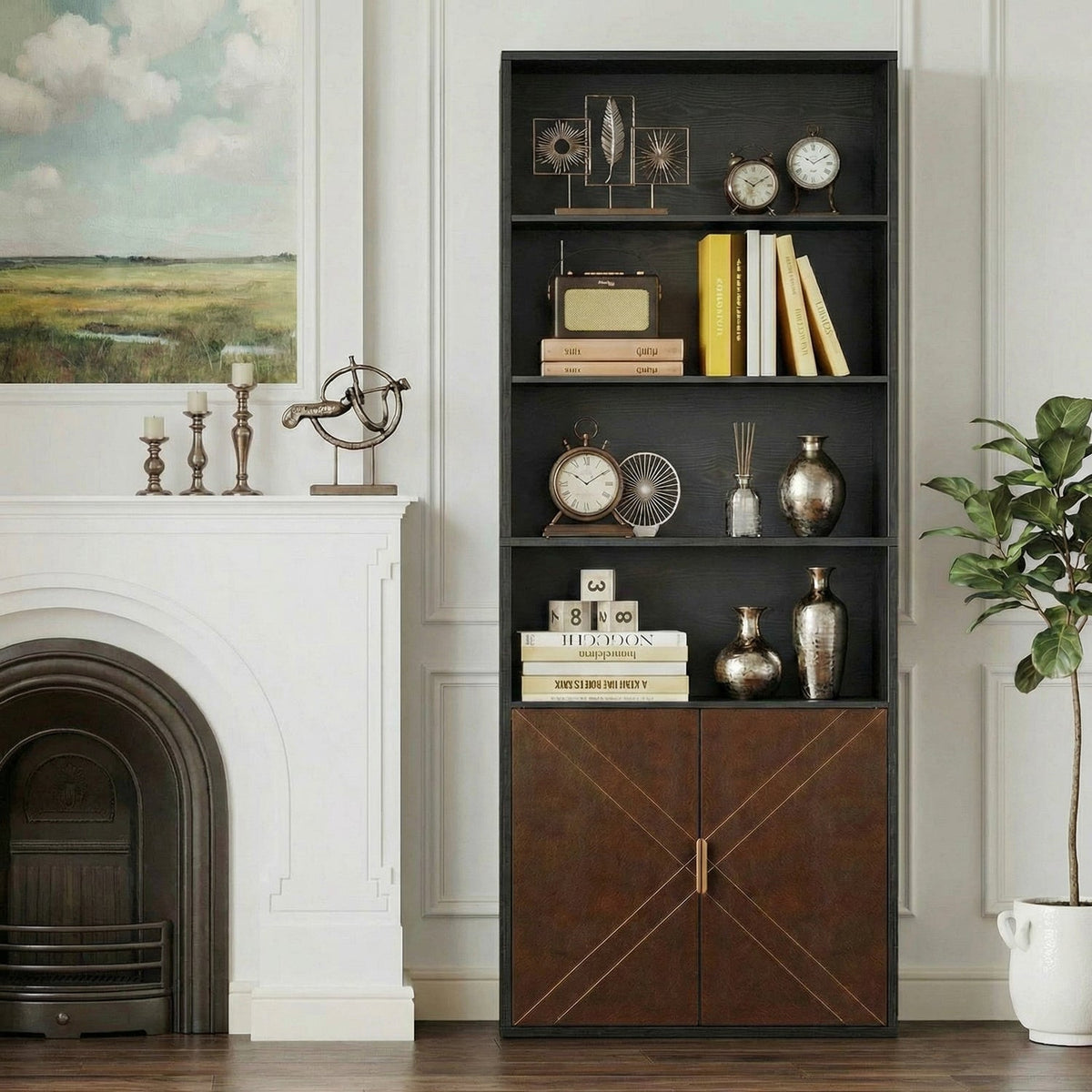 70 Inch Tall Bookshelf with Leather Doors, 6-Tier
