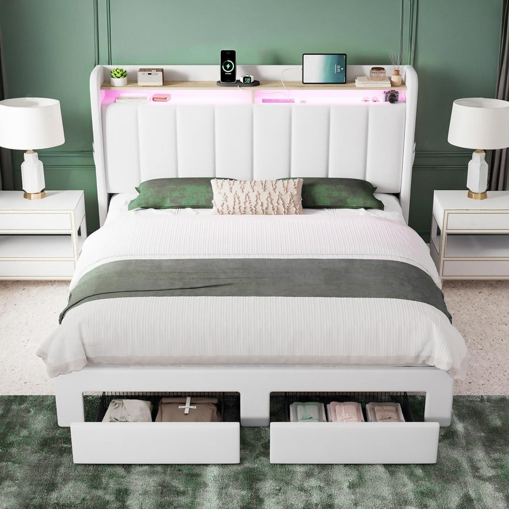 Velvet Platform Bed with LED Headboard and Drawers