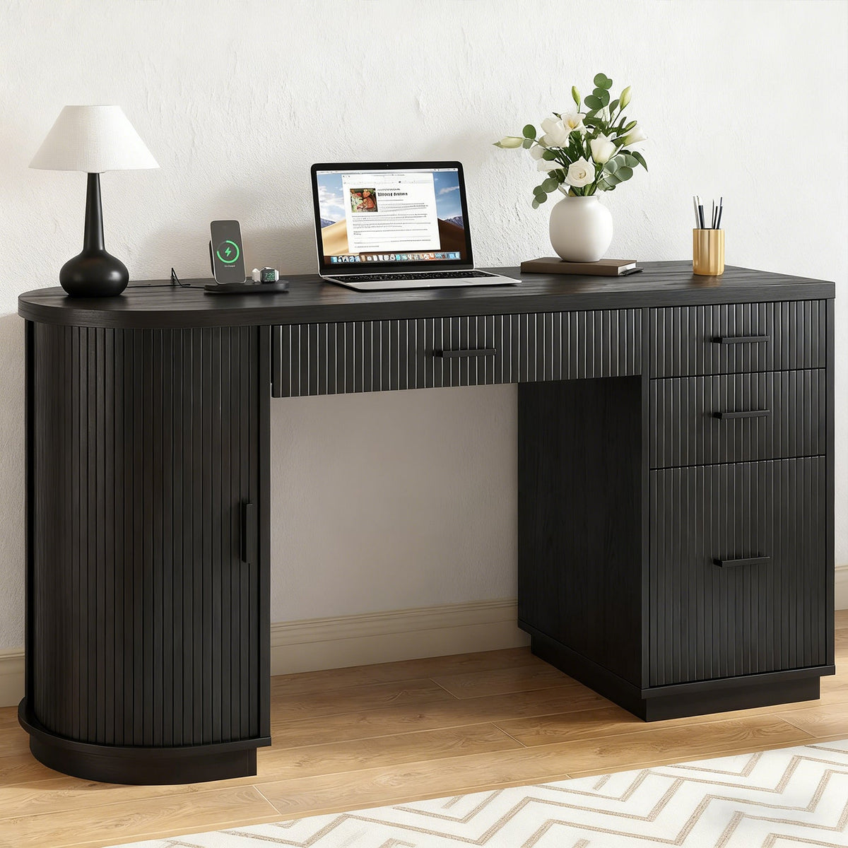 57 in Fluted Executive Desk with File Cabinet