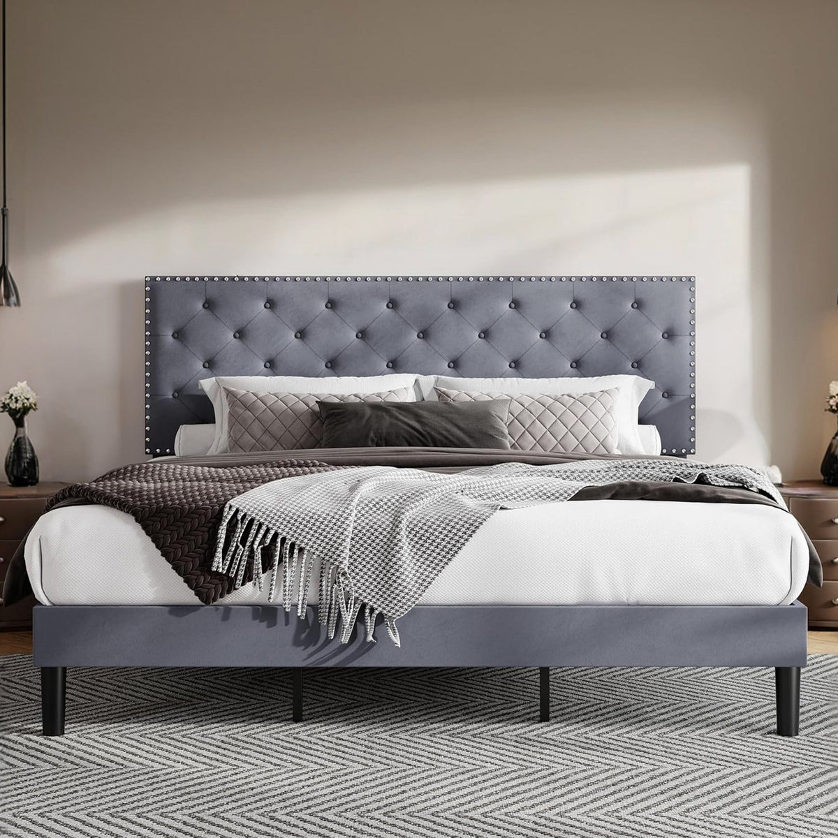 Velvet Upholstered Bed Frame, Button Tufted Headboard