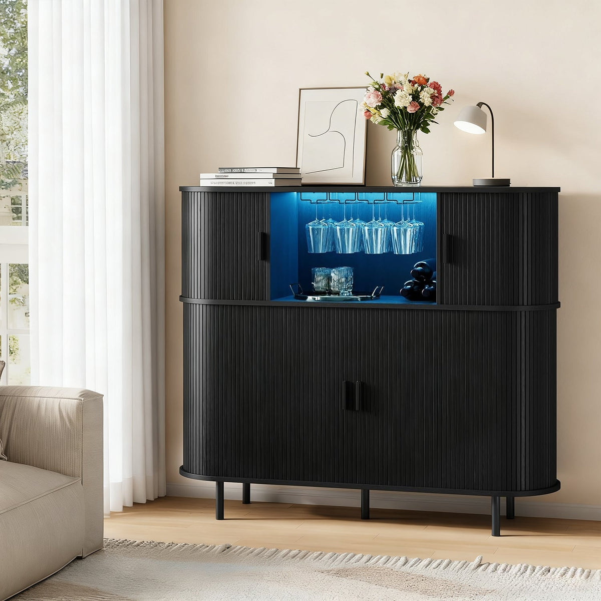 Wine Bar Cabinet with LED Lights and Charging Station