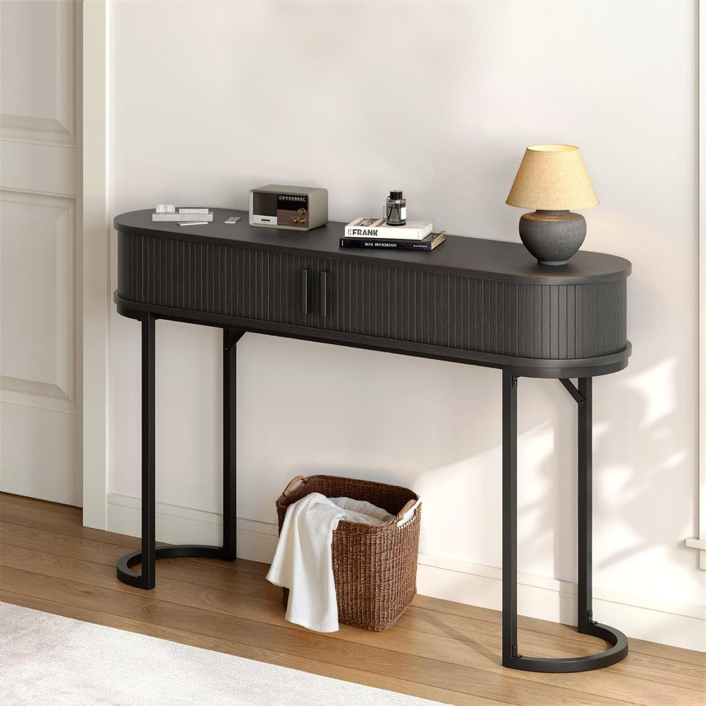 55-Inch Fluted Console Table with Sliding Tambour Doors