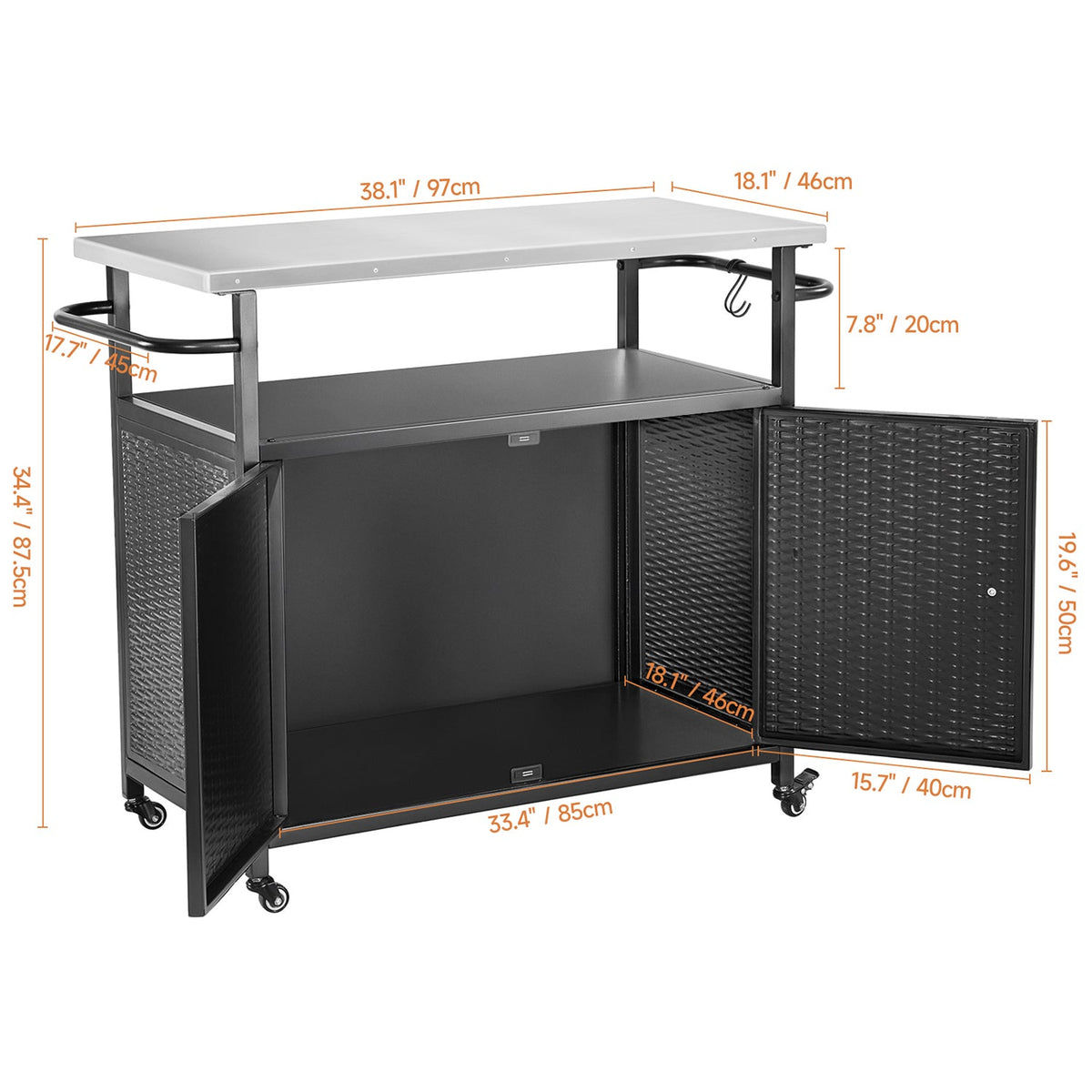 Outdoor Grill Cart with Cabinet and 3 Shelves on Casters