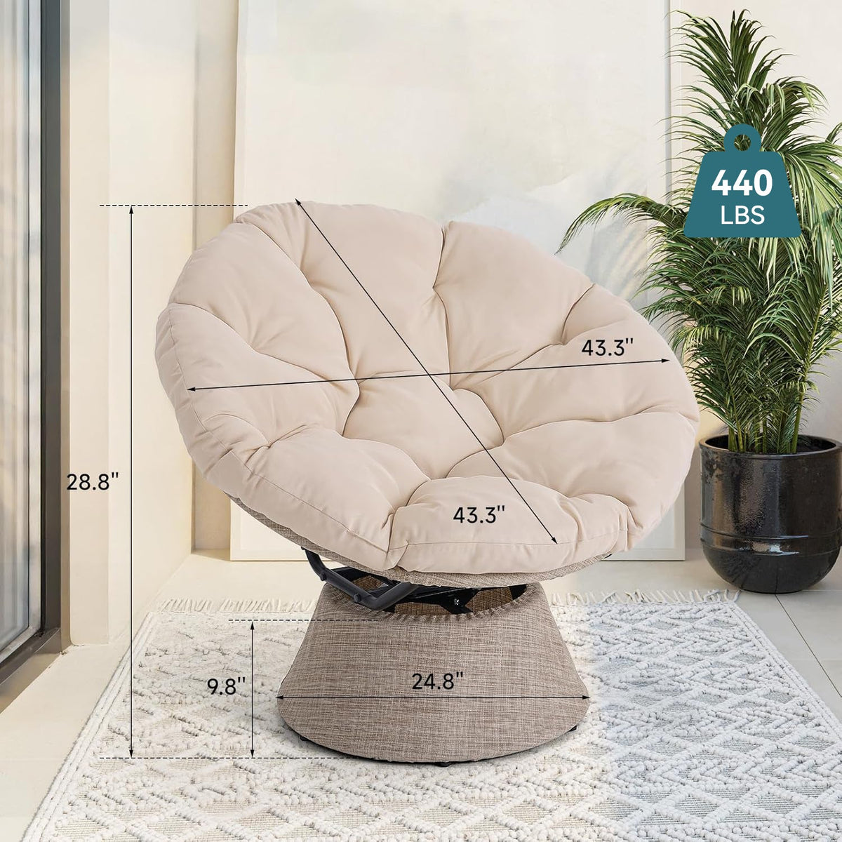 Oversized Papasan Chair with Cushion, 360° Swivel